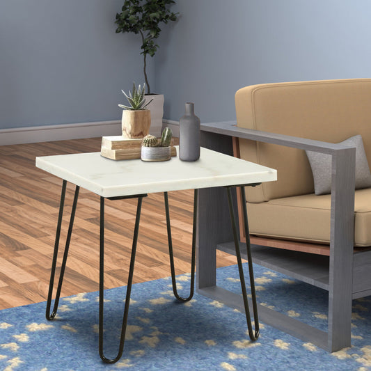 Marble Top End Table | 20" | White | Black Hairpin Legs