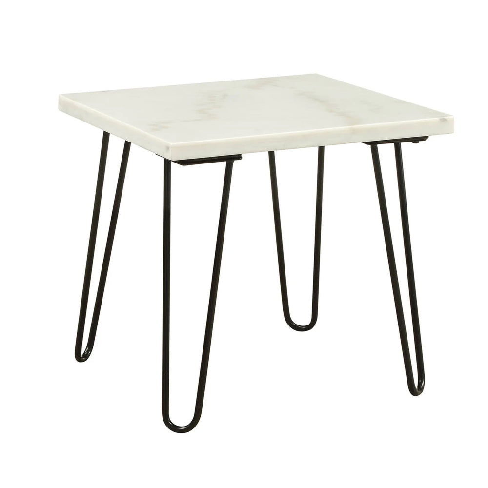 Marble Top End Table with Hairpin Style Metal Legs, White and Black By Casagear Home
