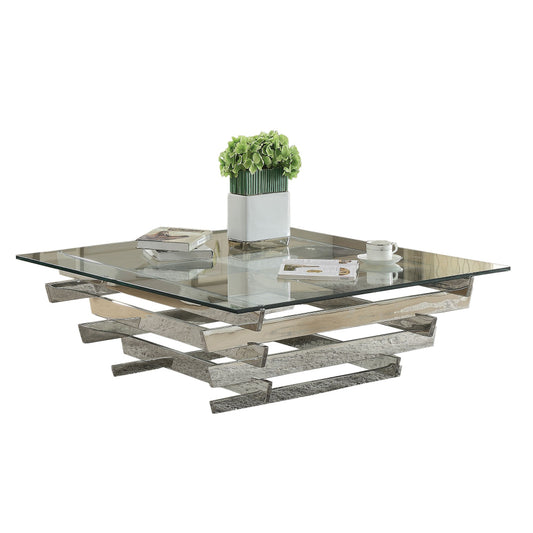 Glass Top Coffee Table with Asymmetrical Metal Base, Silver and Clear By Casagear Home