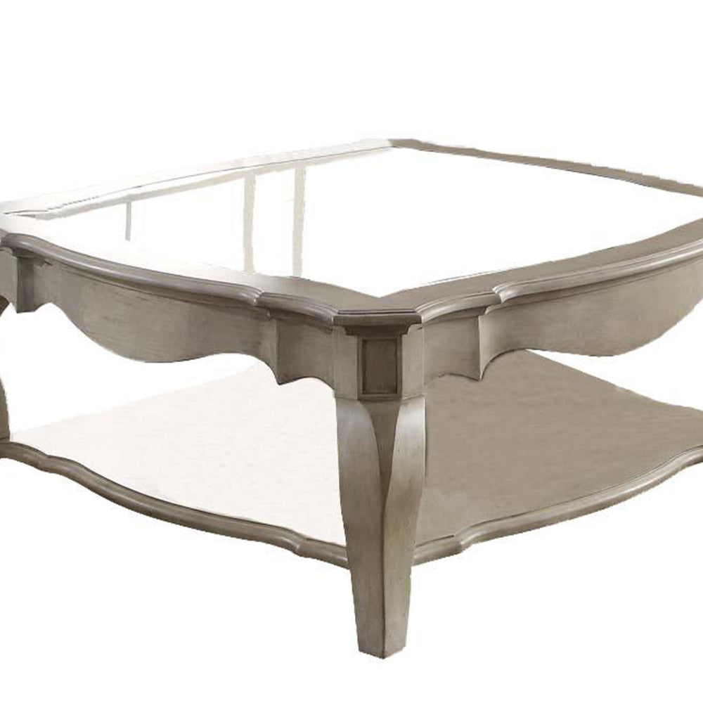 18" Glass Top Wooden Coffee Table, Antique Taupe