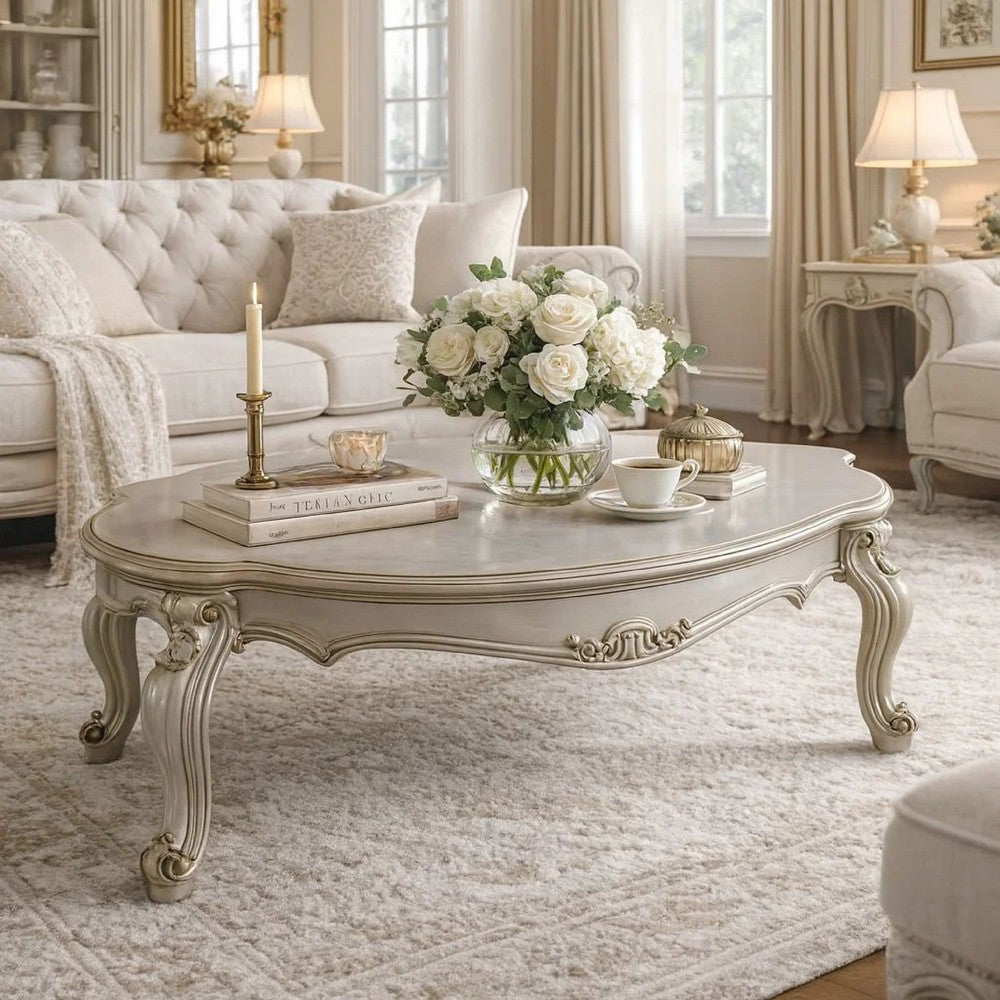 Vintage Style Wooden Coffee Table with Scrolled Apron and Cabriole Legs, Pearl White