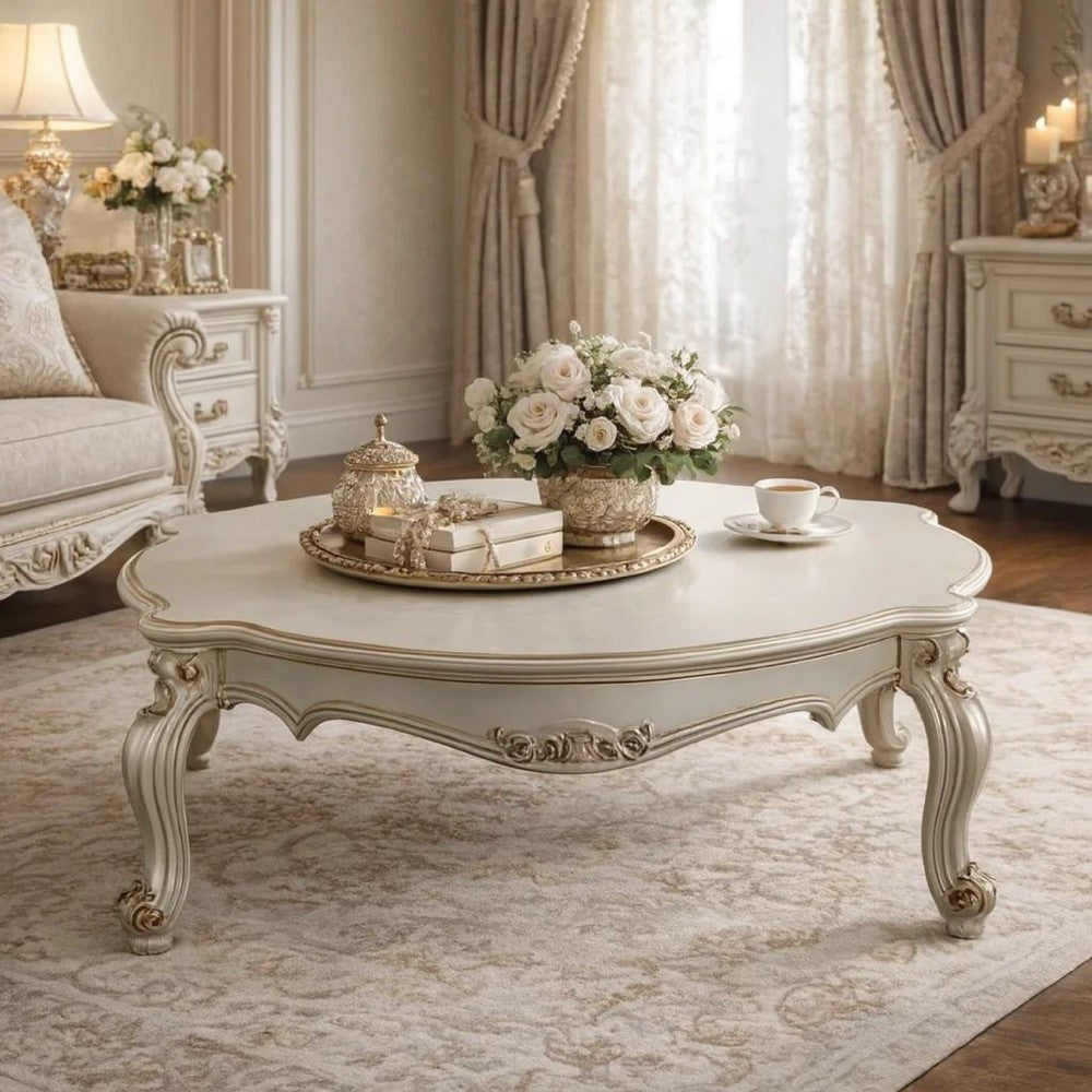 Vintage Style Wooden Coffee Table with Scrolled Apron and Cabriole Legs, Pearl White