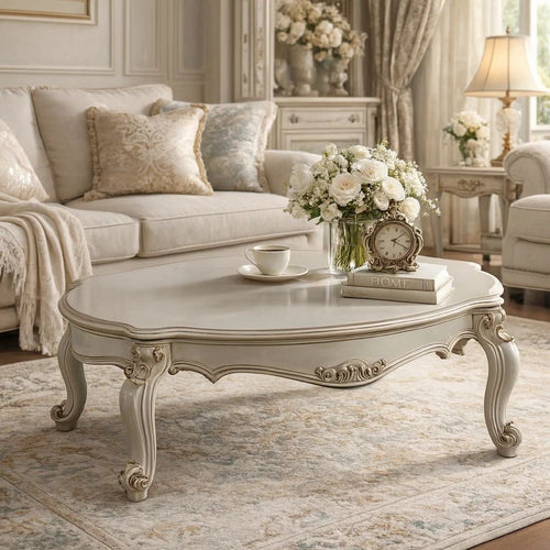 Vintage Style Wooden Coffee Table with Scrolled Apron and Cabriole Legs, Pearl White