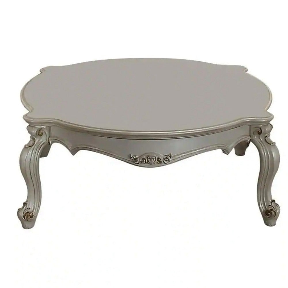 Vintage Style Wooden Coffee Table with Scrolled Apron and Cabriole Legs, Pearl White