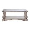 Wooden Coffee Table with Inserted Glass Top and Scrolled Legs, Silver and Clear - 86930