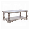 Wooden Coffee Table with Inserted Glass Top and Scrolled Legs, Silver and Clear - 86930