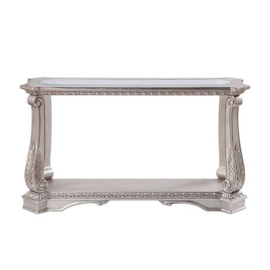 Antique Sofa Table with Polyresin Engravings and Clear Glass Top, Silver and Clear By Casagear Home