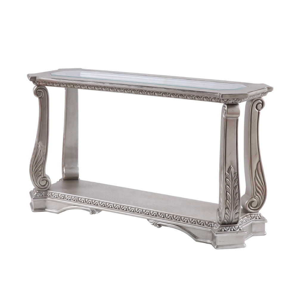 Antique Sofa Table with Polyresin Engravings and Clear Glass Top, Silver and Clear By Casagear Home