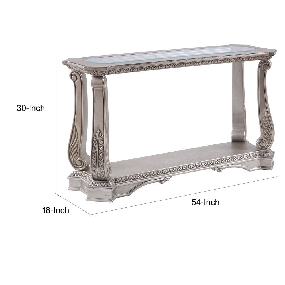 Antique Sofa Table with Polyresin Engravings and Clear Glass Top Silver and Clear By Casagear Home AMF-86933