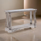 Antique Sofa Table with Polyresin Engravings and Clear Glass Top, Silver and Clear By Casagear Home