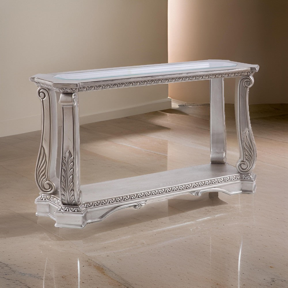 Antique Sofa Table | Clear Glass Top | Silver | Polyresin Engravings