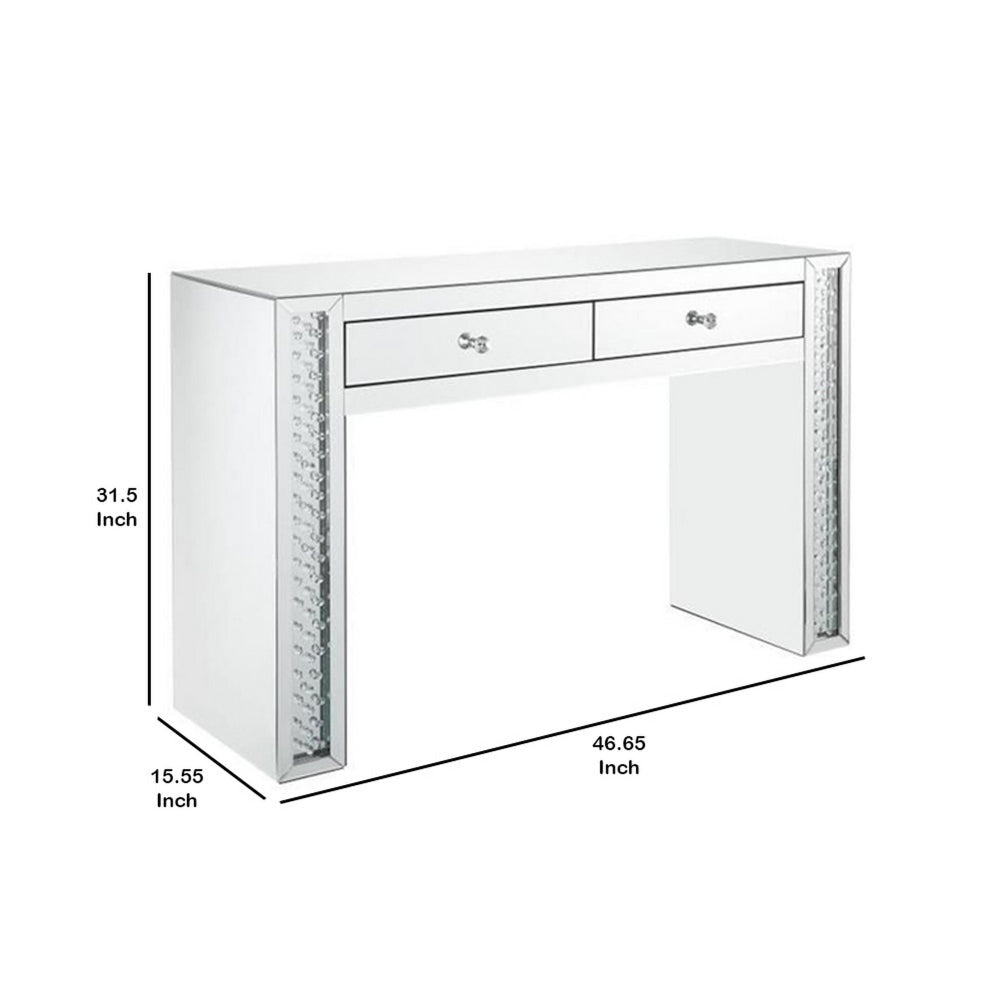 Mirror Accented Two Drawers Wooden Vanity Desk With Faux Crystal Inlay Silver By Casagear Home AMF-90157