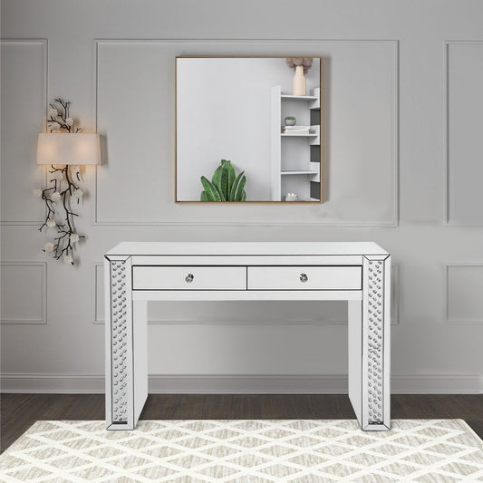 Vanity Desk | 2 Drawers | Faux Crystal Inlay | Mirror Accents | Silver