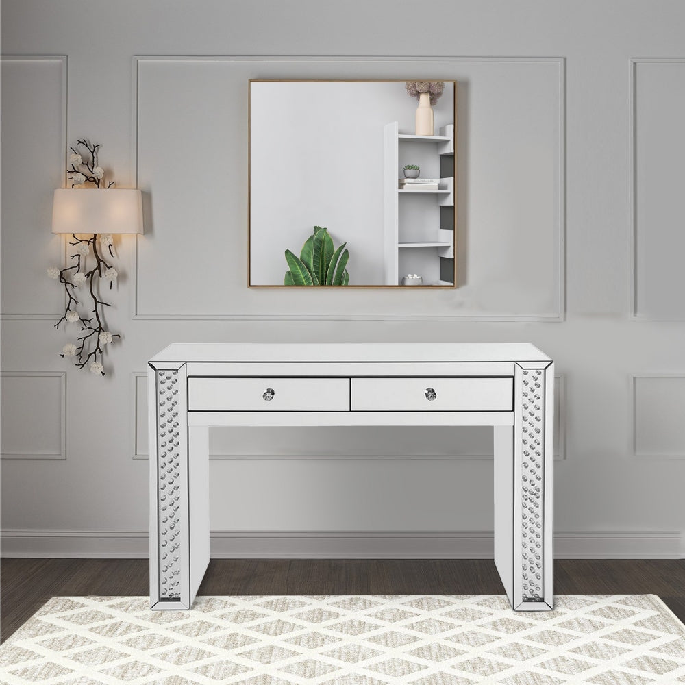 Mirror Accented Two Drawers Wooden Vanity Desk With Faux Crystal Inlay, Silver By Casagear Home