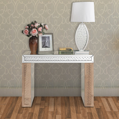 Vanity Desk | Glass Top | Faux Crystal Inlay | Mirror Accents | Silver