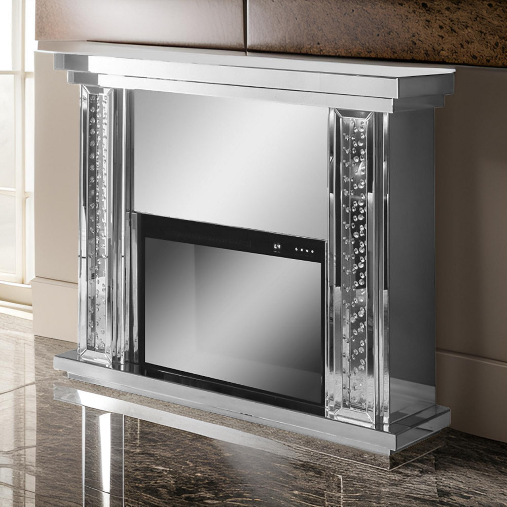 Mirrored Electric Fireplace With Faux Crystal Inlay & Remote Controller, Silver By Casagear Home