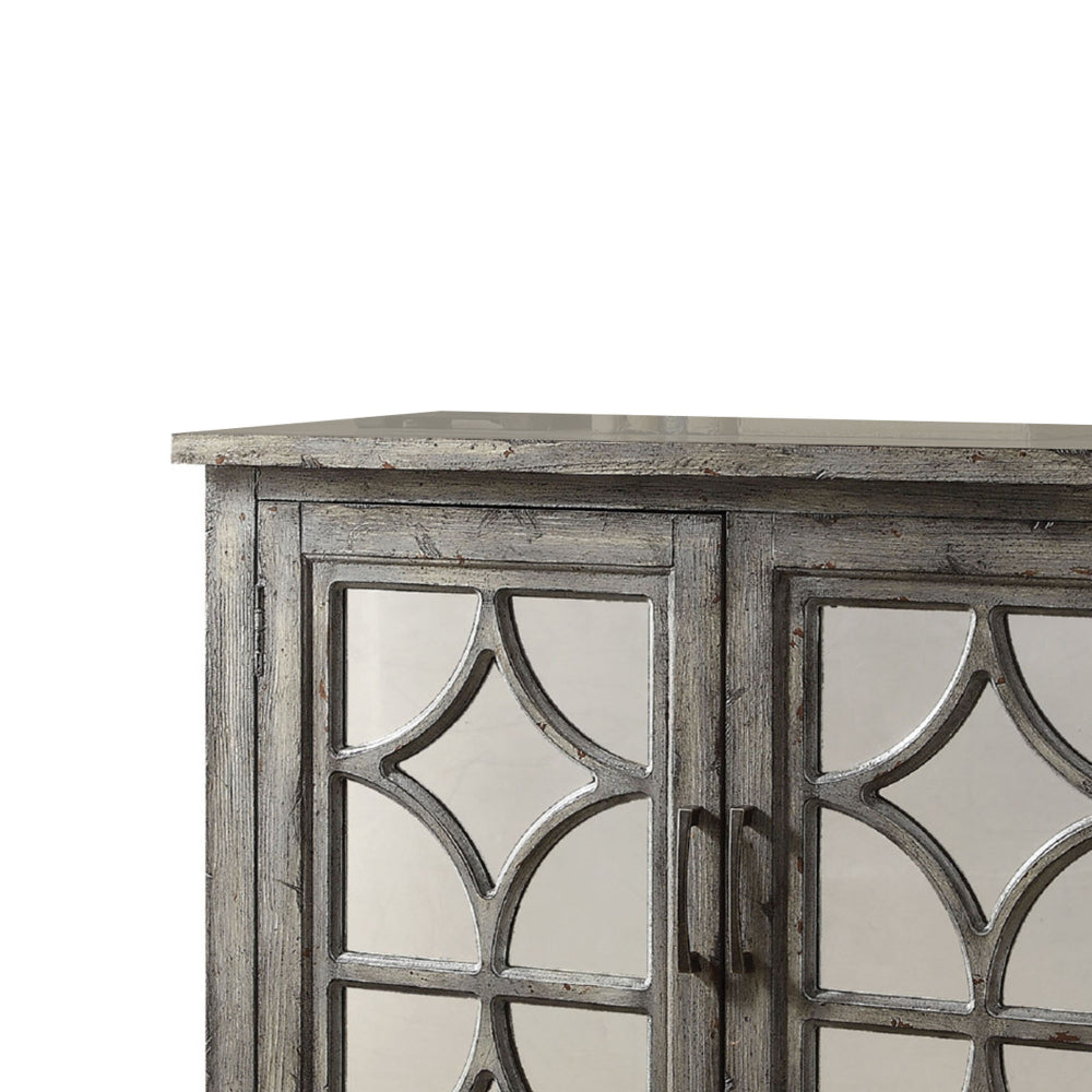Wooden Console Table with 2 Doors and Mirror Fronts, Weathered Gray