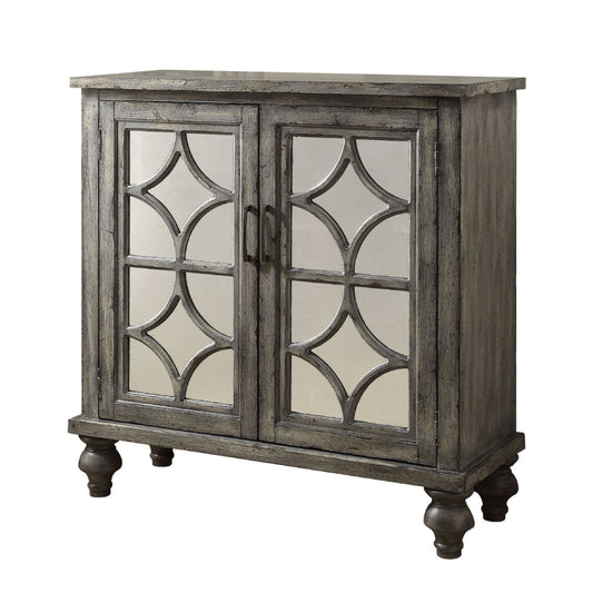 Storage Cabinet | 2 Doors | Diamond Mirror Trim | Weathered Gray