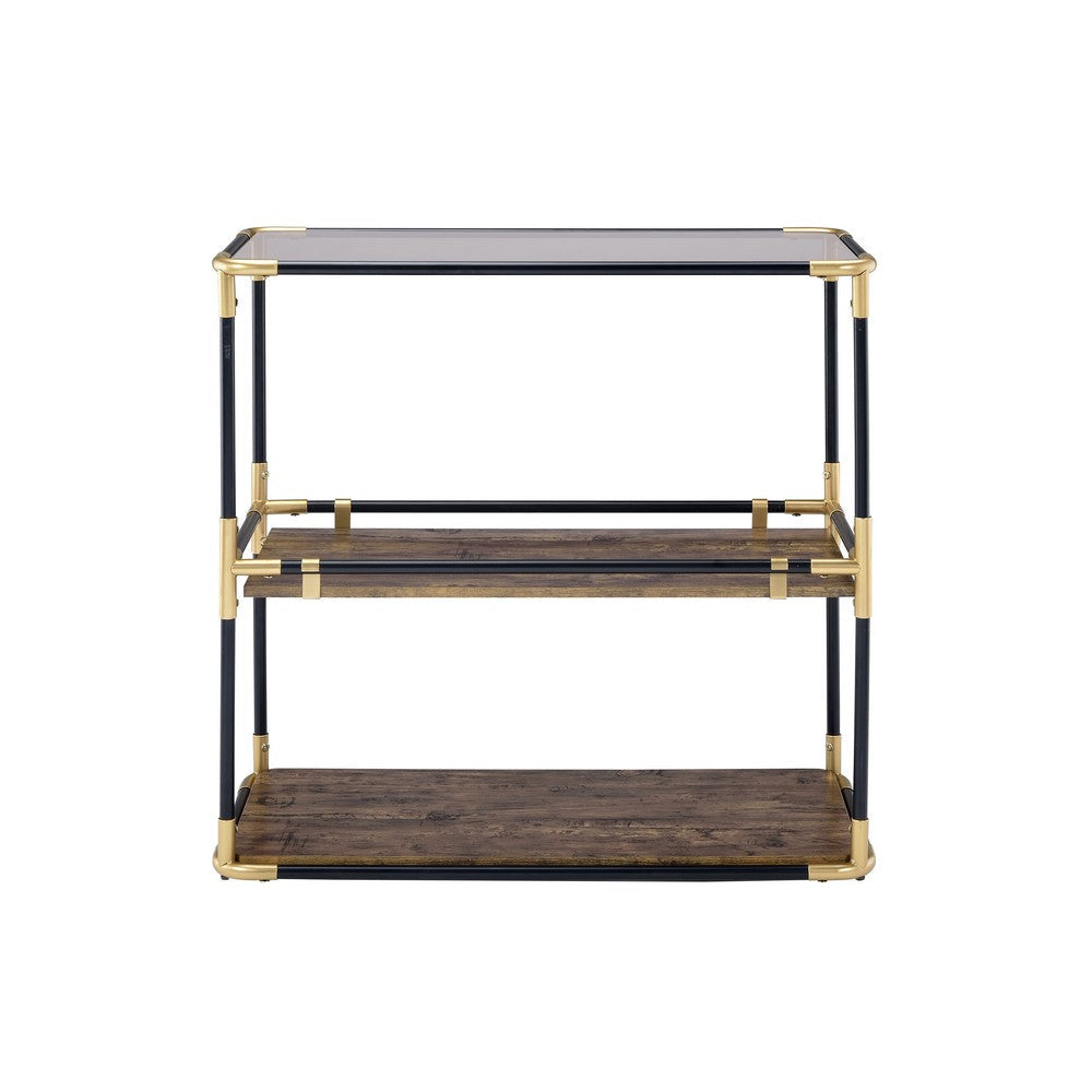 Rechange Glass Top Console Table Metal Tubular Framing and Wooden Shelves Black and Brown AMF-90319
