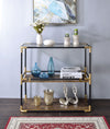 Rechange Glass Top Console Table Metal Tubular Framing and Wooden Shelves, Black and Brown