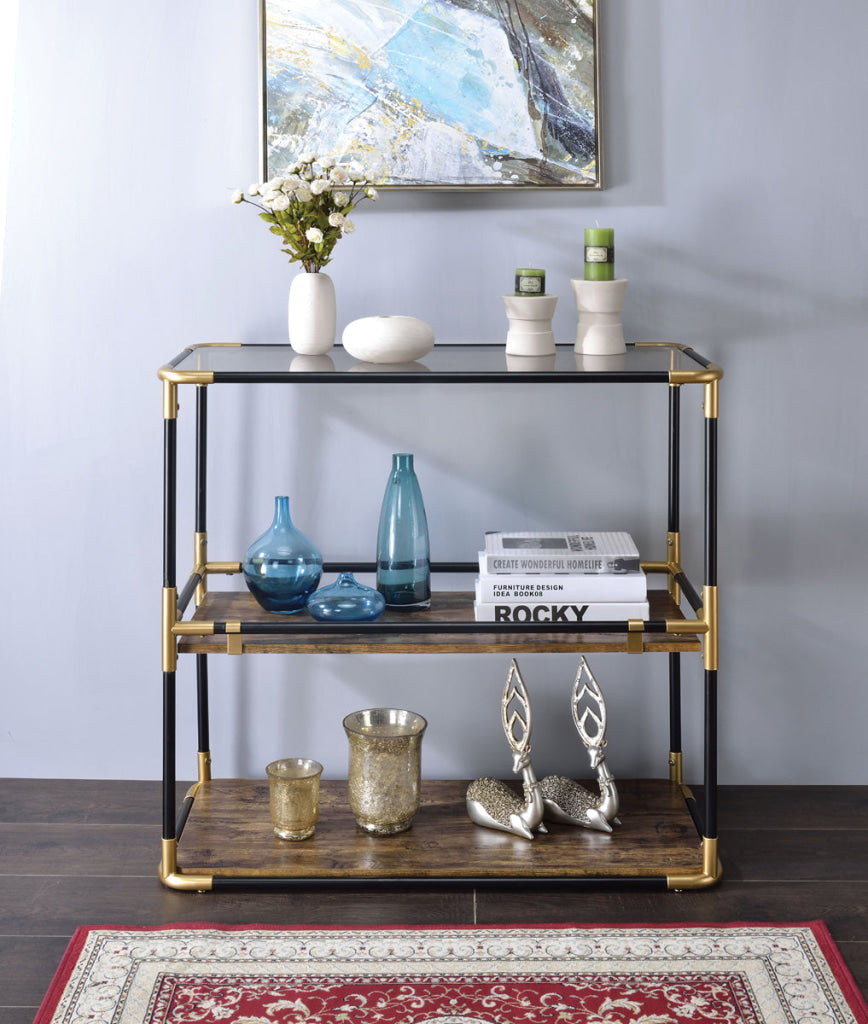 Rechange Glass Top Console Table Metal Tubular Framing and Wooden Shelves, Black and Brown