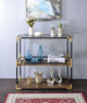 Rechange Glass Top Console Table Metal Tubular Framing and Wooden Shelves, Black and Brown
