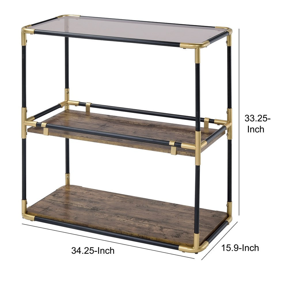 Rechange Glass Top Console Table Metal Tubular Framing and Wooden Shelves Black and Brown AMF-90319
