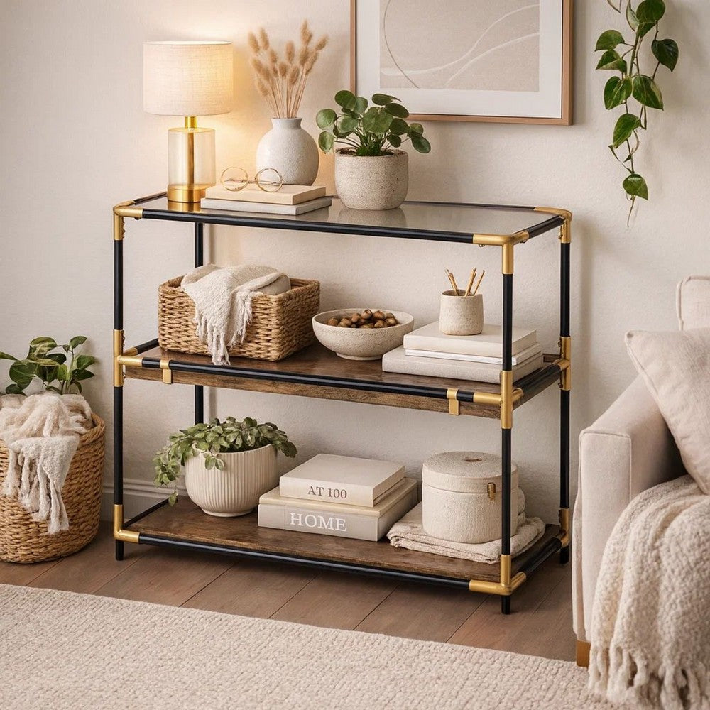 Rechange Glass Top Console Table Metal Tubular Framing and Wooden Shelves, Black and Brown