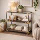 Rechange Glass Top Console Table Metal Tubular Framing and Wooden Shelves, Black and Brown