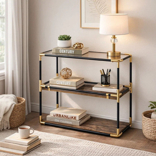 Rechange Glass Top Console Table Metal Tubular Framing and Wooden Shelves, Black and Brown