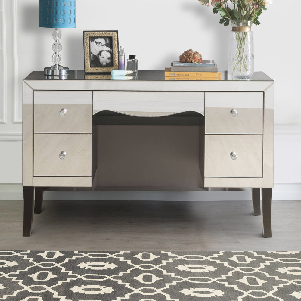 Mirrored Vanity Desk | 4 Drawers | Wavy Apron | Silver