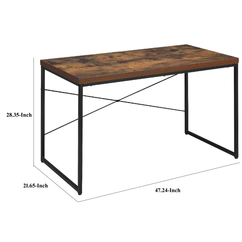 Rectangular Wooden Desk With Metal Base, Weathered Oak Brown And Black