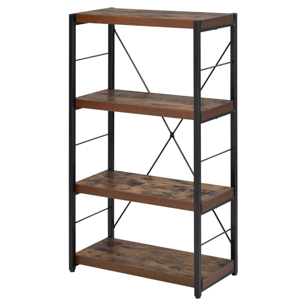 Four Tiered Metal Framed Wooden Bookshelf, Weathered Oak Brown and Black