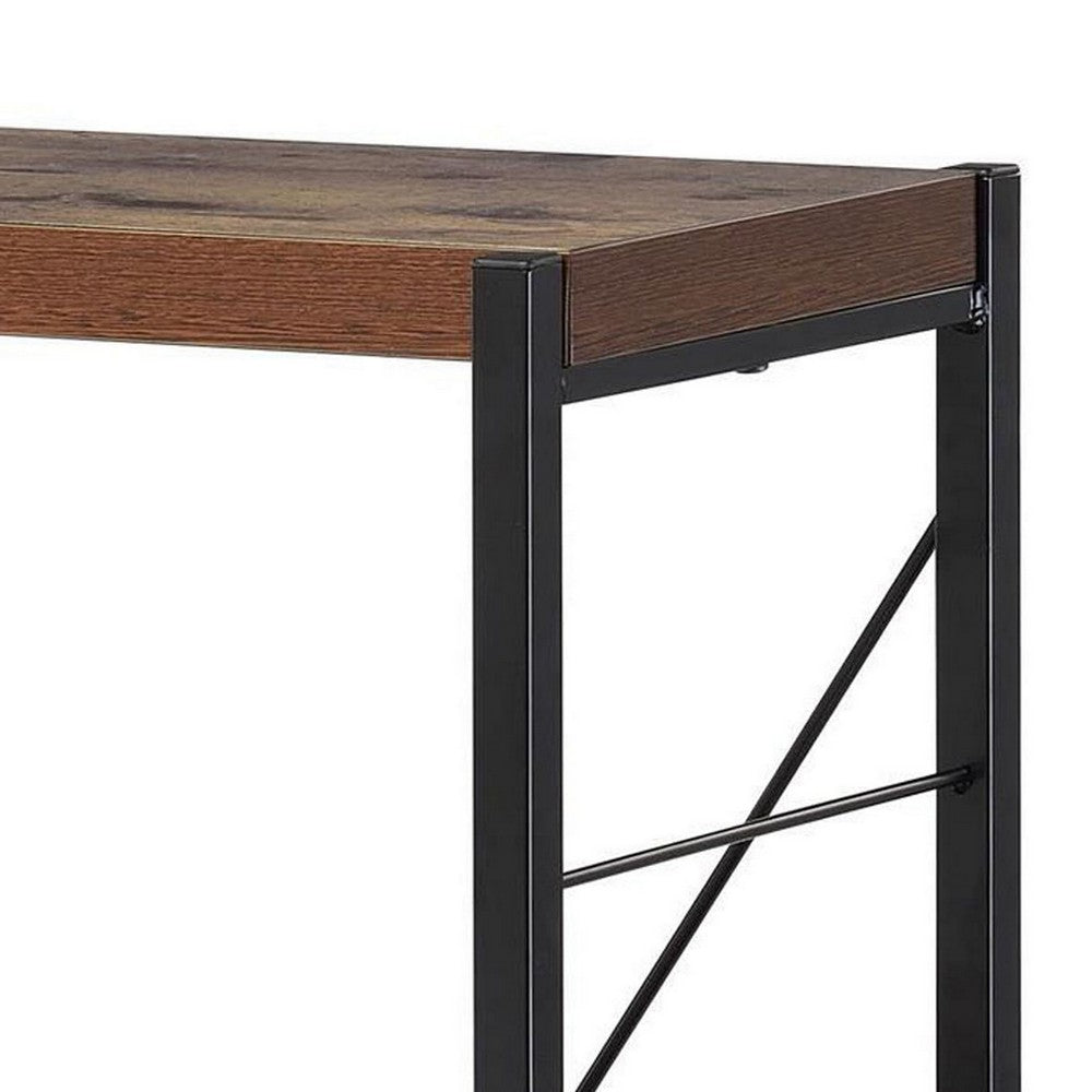 Four Tiered Metal Framed Wooden Bookshelf, Weathered Oak Brown and Black