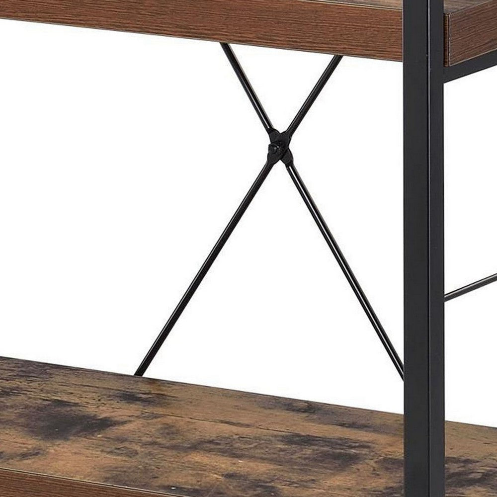 Four Tiered Metal Framed Wooden Bookshelf, Weathered Oak Brown and Black