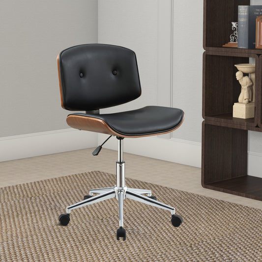 Wooden Back Armless Office Chair with Metal Star Base, Black and Brown