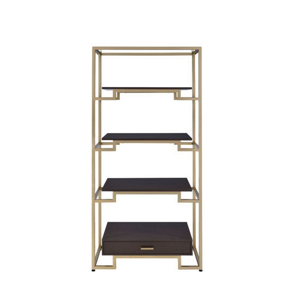 Wood and Metal Bookshelf with Shelves and Drawer Brown and Gold AMF-92787