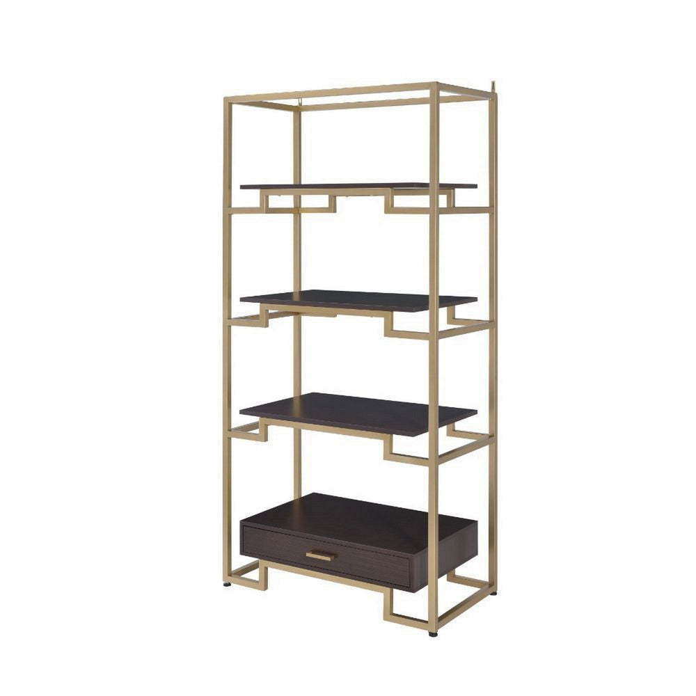 Wood and Metal Bookshelf with Shelves and Drawer Brown and Gold AMF-92787