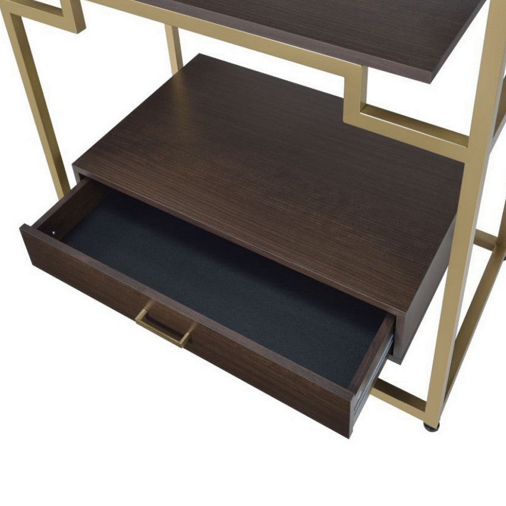 Wood and Metal Bookshelf with Shelves and Drawer Brown and Gold AMF-92787