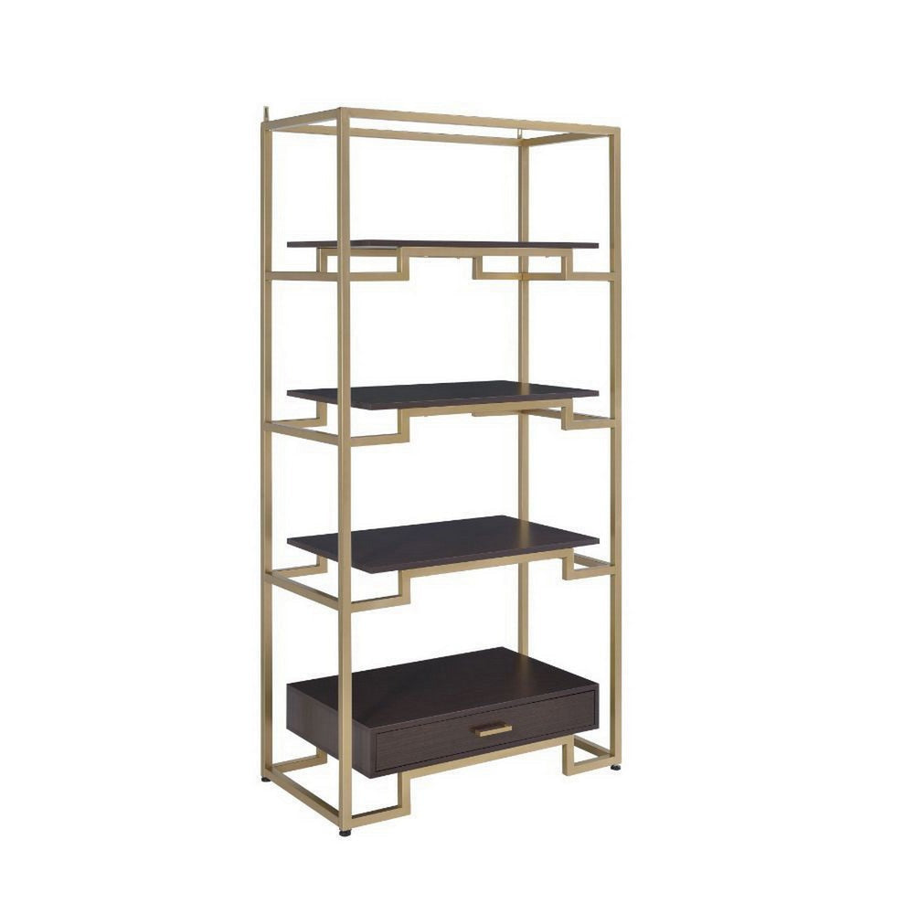 Wood and Metal Bookshelf with Shelves and Drawer, Brown and Gold