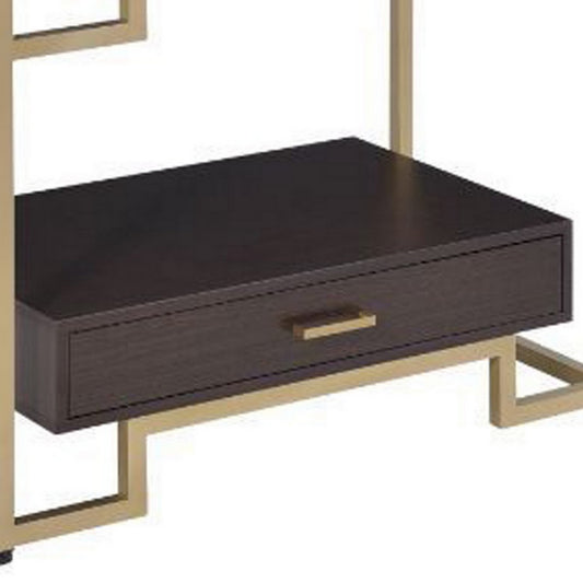 Wood and Metal Bookshelf with Shelves and Drawer, Brown and Gold