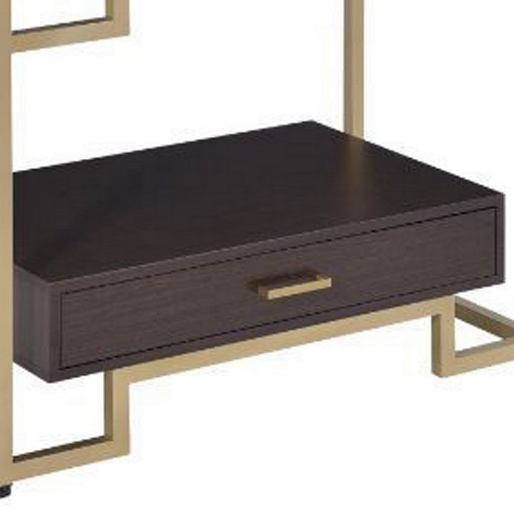 Wood and Metal Bookshelf with Shelves and Drawer, Brown and Gold