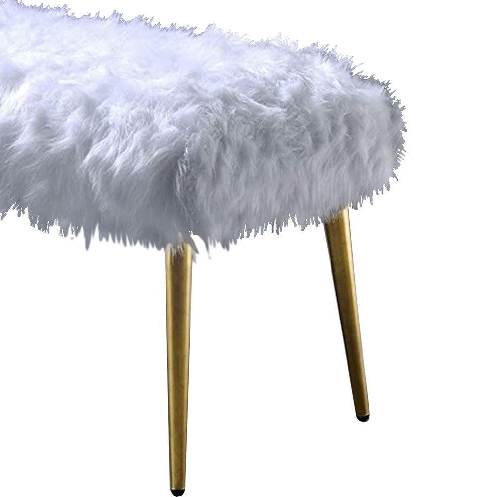 Modern Style Faux Fur Upholstered Metal Bench with Tapered Legs White and Gold AMF-96450