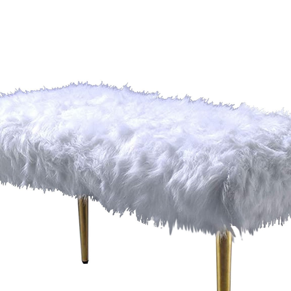 Modern Style Faux Fur Upholstered Metal Bench with Tapered Legs White and Gold AMF-96450