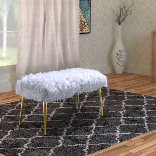Modern Style Faux Fur Upholstered Metal Bench with Tapered Legs, White and Gold