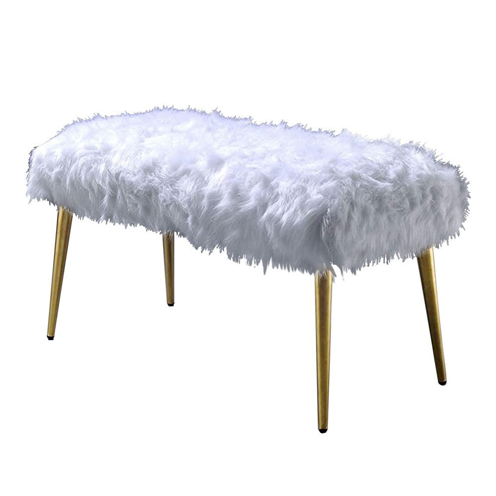 Modern Style Faux Fur Upholstered Metal Bench with Tapered Legs, White and Gold