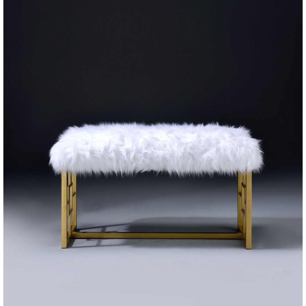 Modern Style Faux Fur Upholstered Bench with Geometrical Side Panels White and Gold AMF-96451