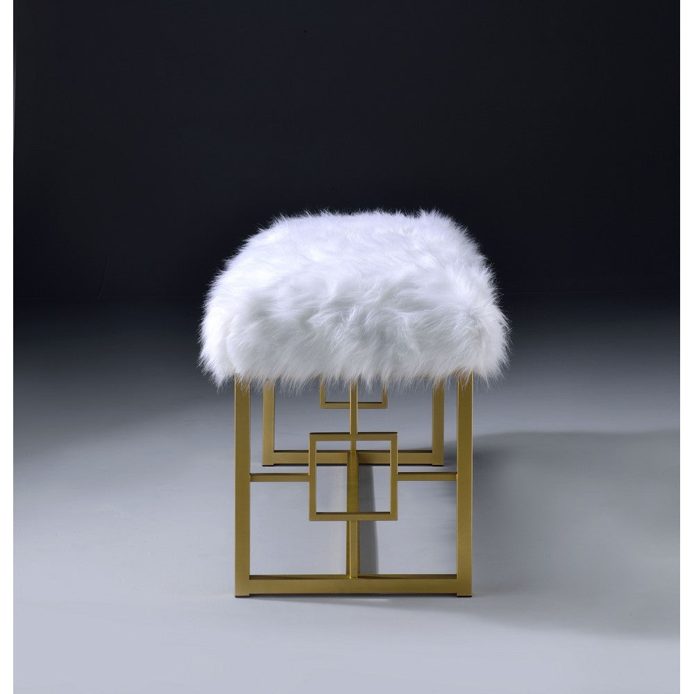 Modern Style Faux Fur Upholstered Bench with Geometrical Side Panels White and Gold AMF-96451