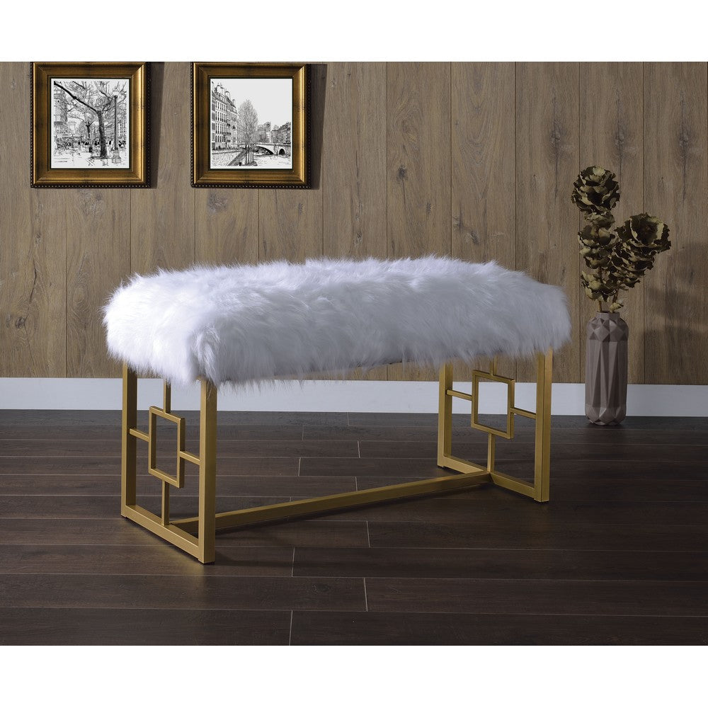 Modern Style Faux Fur Upholstered Bench with Geometrical Side Panels White and Gold AMF-96451
