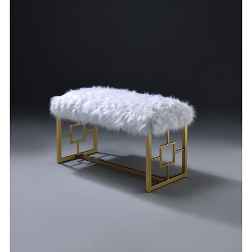 Modern Style Faux Fur Upholstered Bench with Geometrical Side Panels, White and Gold